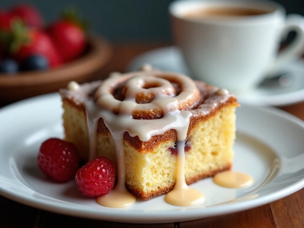 Glazed cinnamon roll cake square served with berries and coffee