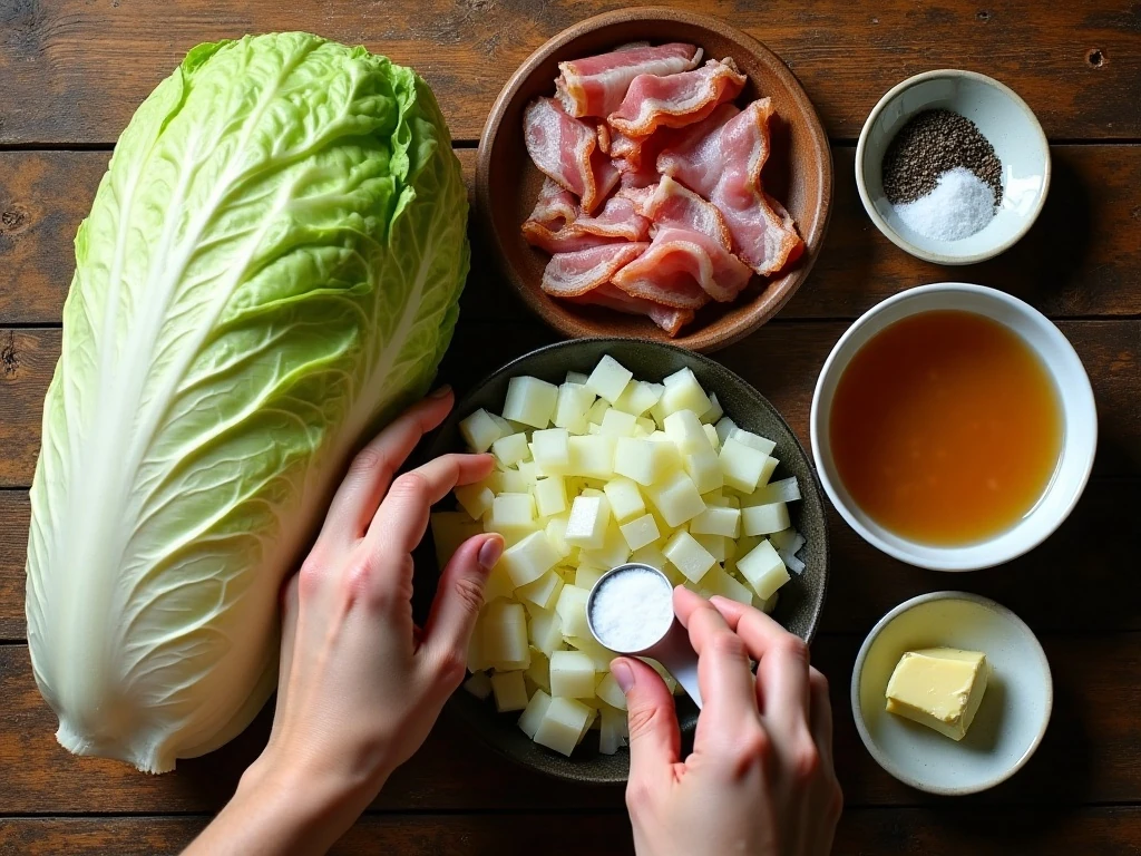 Ingredients for old-fashioned cooked cabbage with bacon and onion