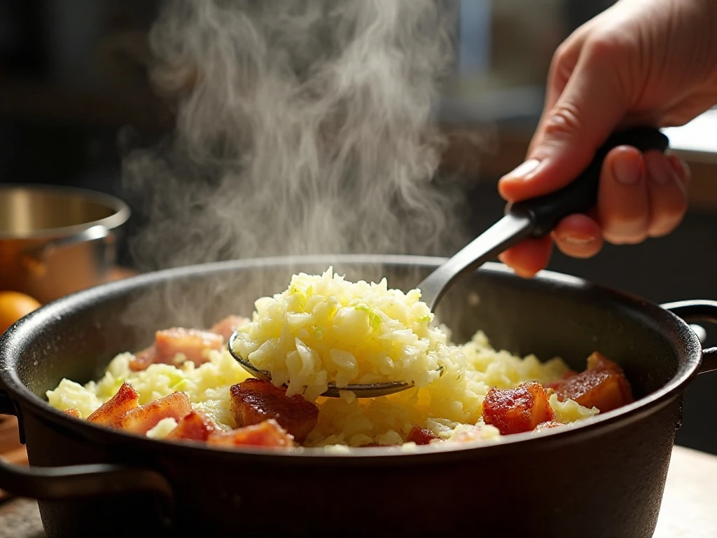 Cabbage being added to a Dutch oven with bacon, onion, and garlic