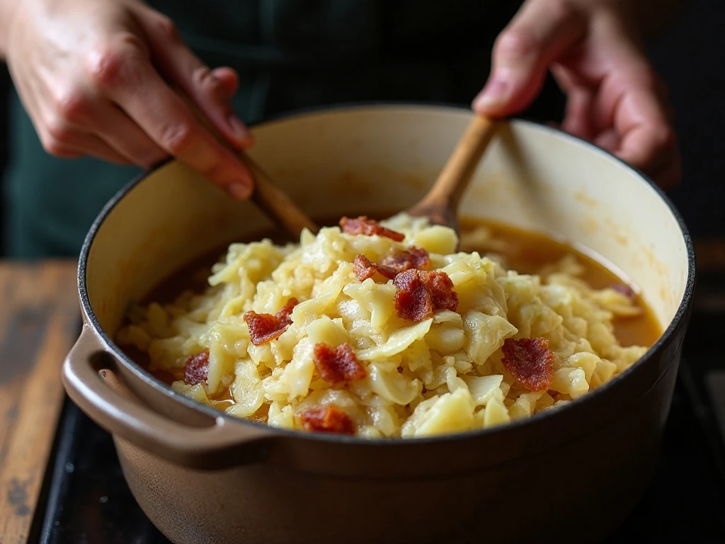 Tender cabbage cooking gently with bacon and onion in a Dutch oven