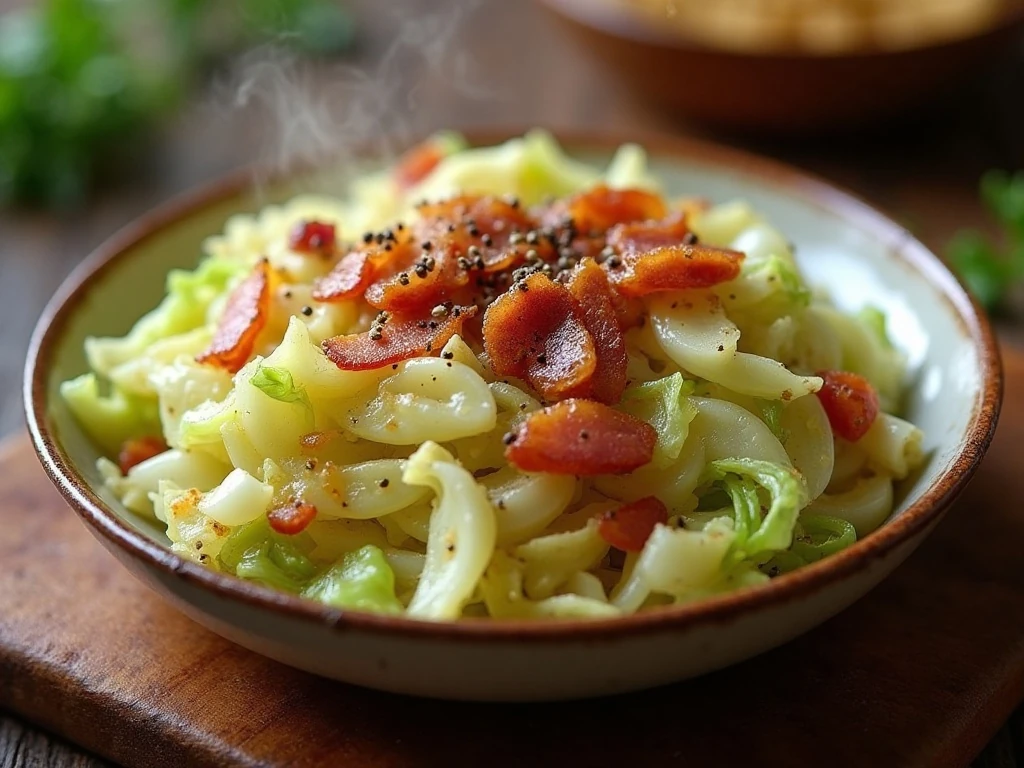 Close-up of cooked cabbage garnished with bacon and black pepper