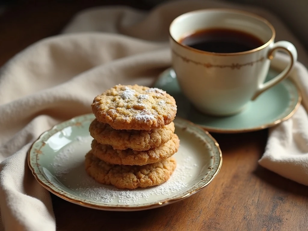Stack of old-fashioned iced oatmeal cookies served with coffee