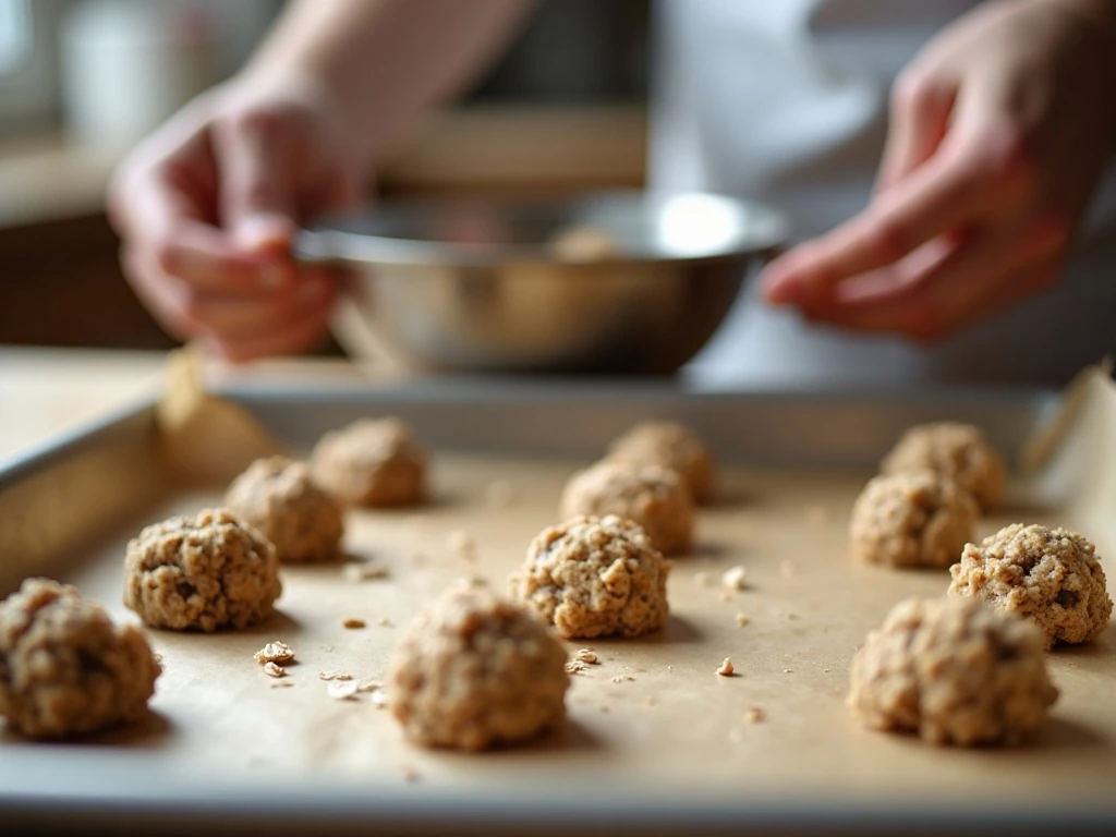 Rounded tablespoons of oatmeal cookie dough on a parchment-lined baking sheet
