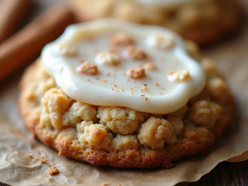 Close-up of crackly vanilla icing and chewy oatmeal cookie texture