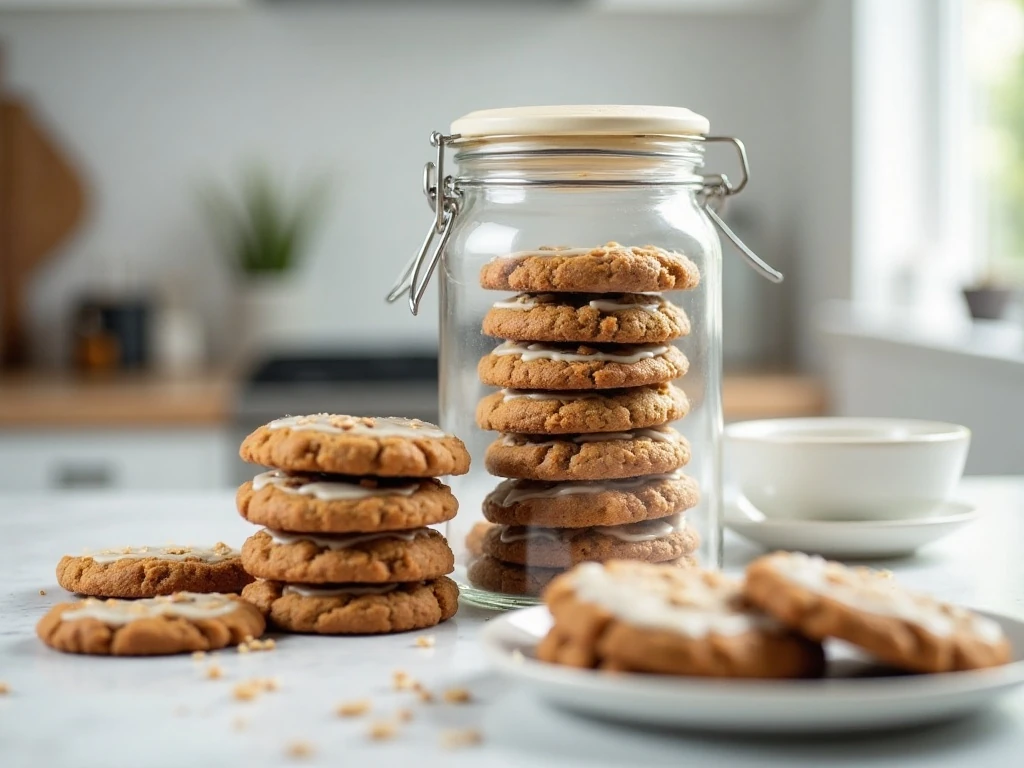 Iced oatmeal cookies stored in a glass cookie jar