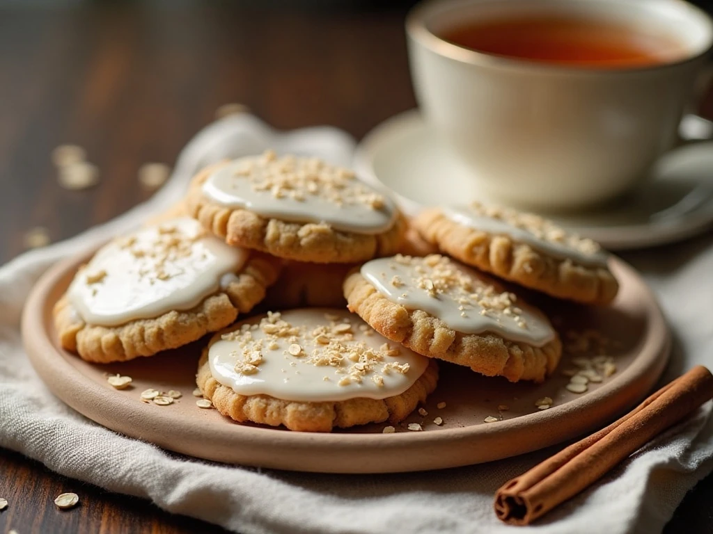 Old-fashioned iced oatmeal cookies arranged on a dessert platter