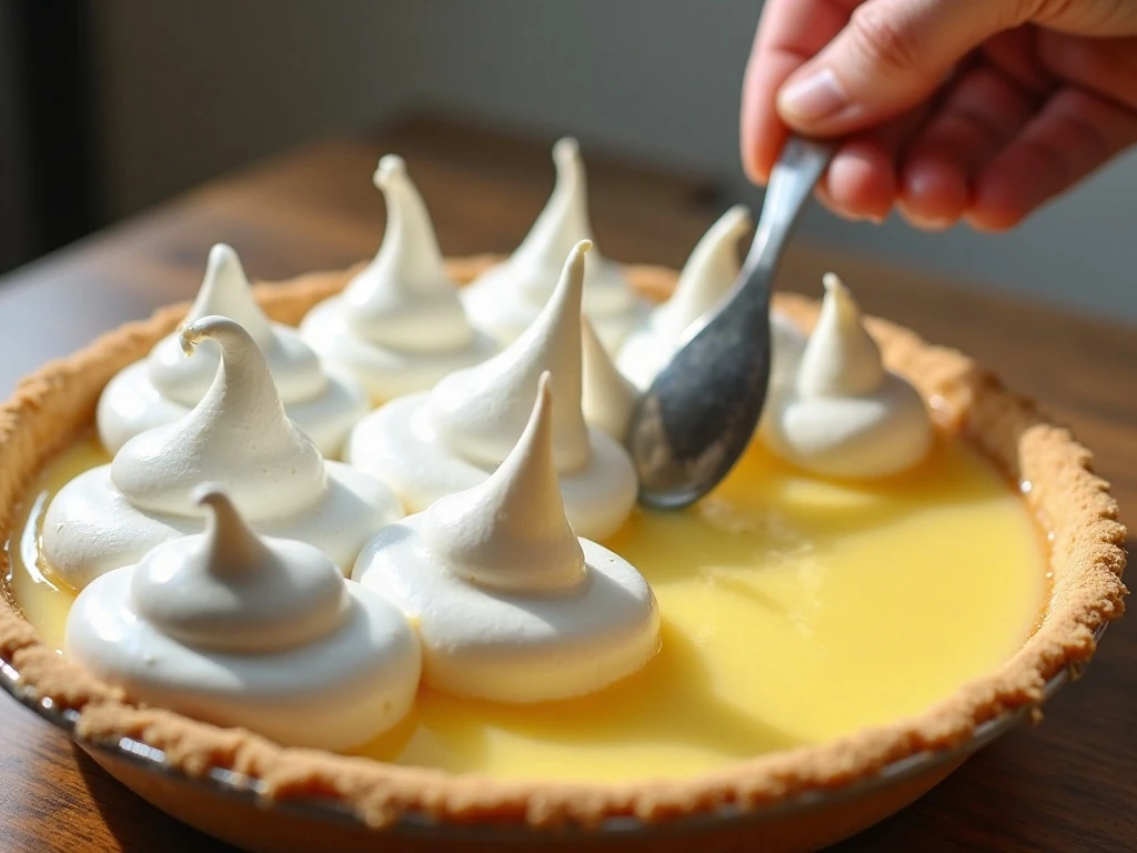 Glossy meringue spread to the edge of hot lemon pie filling