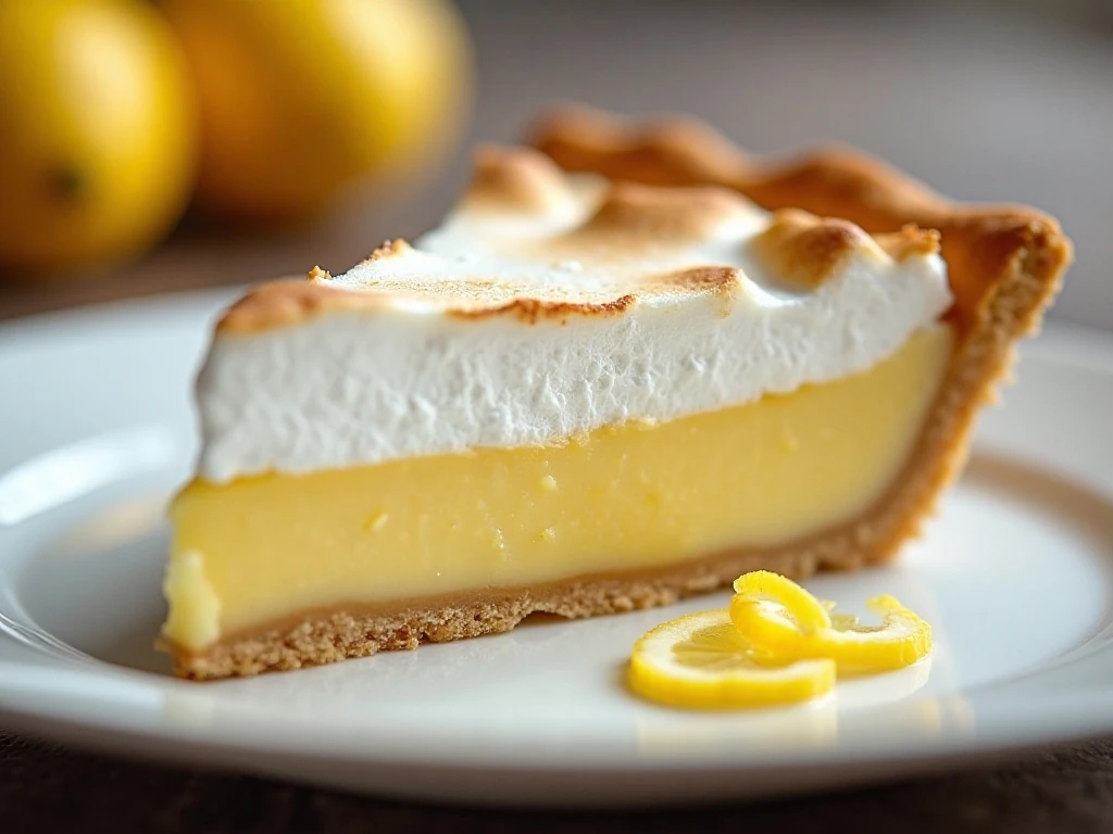 Close-up slice of lemon meringue pie with flaky crust and toasted meringue