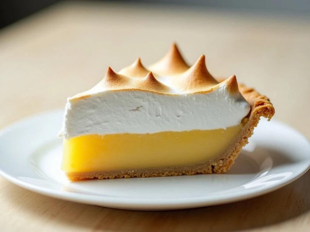 Slice of classic lemon meringue pie ready to serve