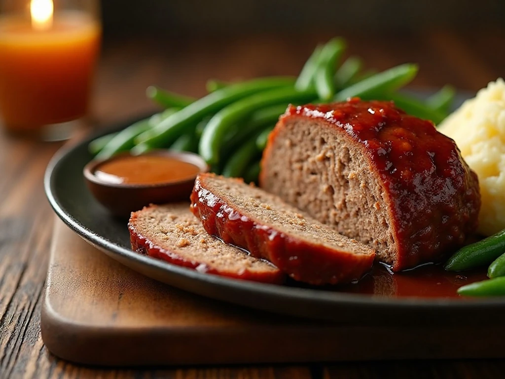 Old-fashioned meatloaf with sweet onion glaze served with mashed potatoes and green beans