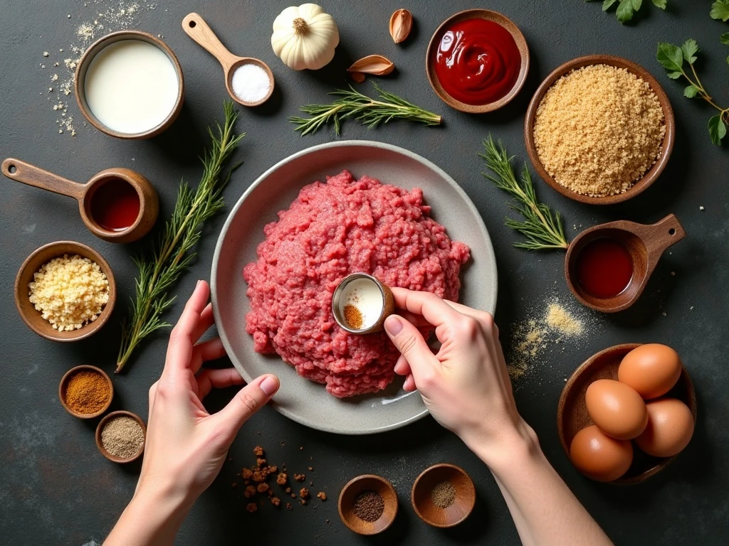 Ingredients for beef and pork meatloaf with sweet onion glaze