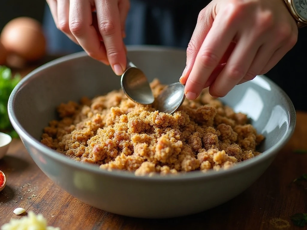 Mixing the meatloaf ingredients gently in a bowl