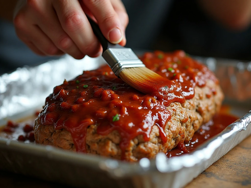 Brushing sweet onion glaze over partially baked meatloaf