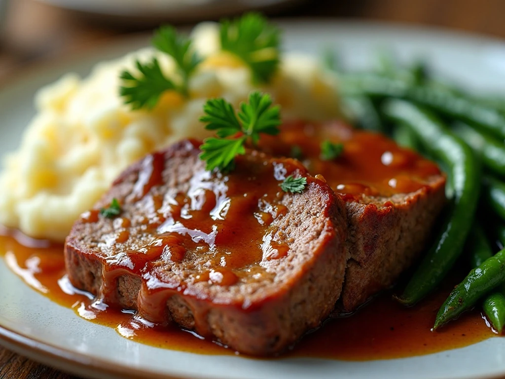Close-up meatloaf slice with sweet onion glaze and fresh parsley