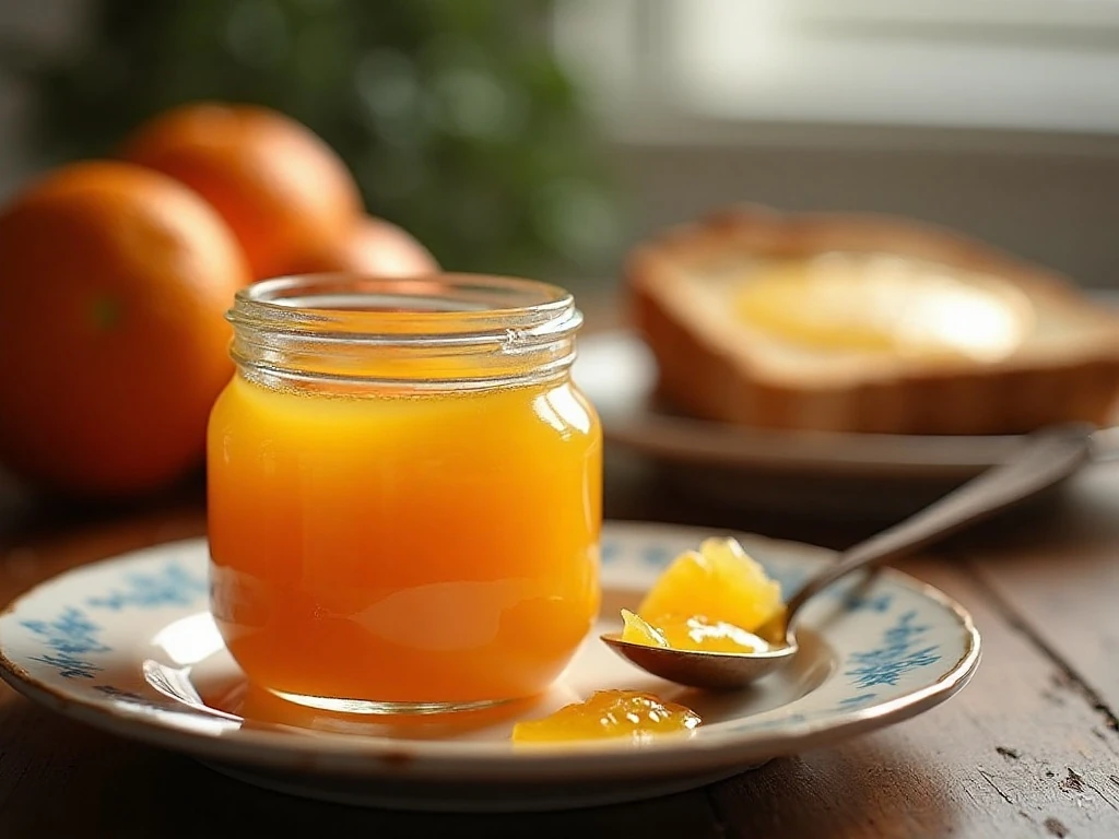 Old-fashioned orange marmalade served with buttered toast