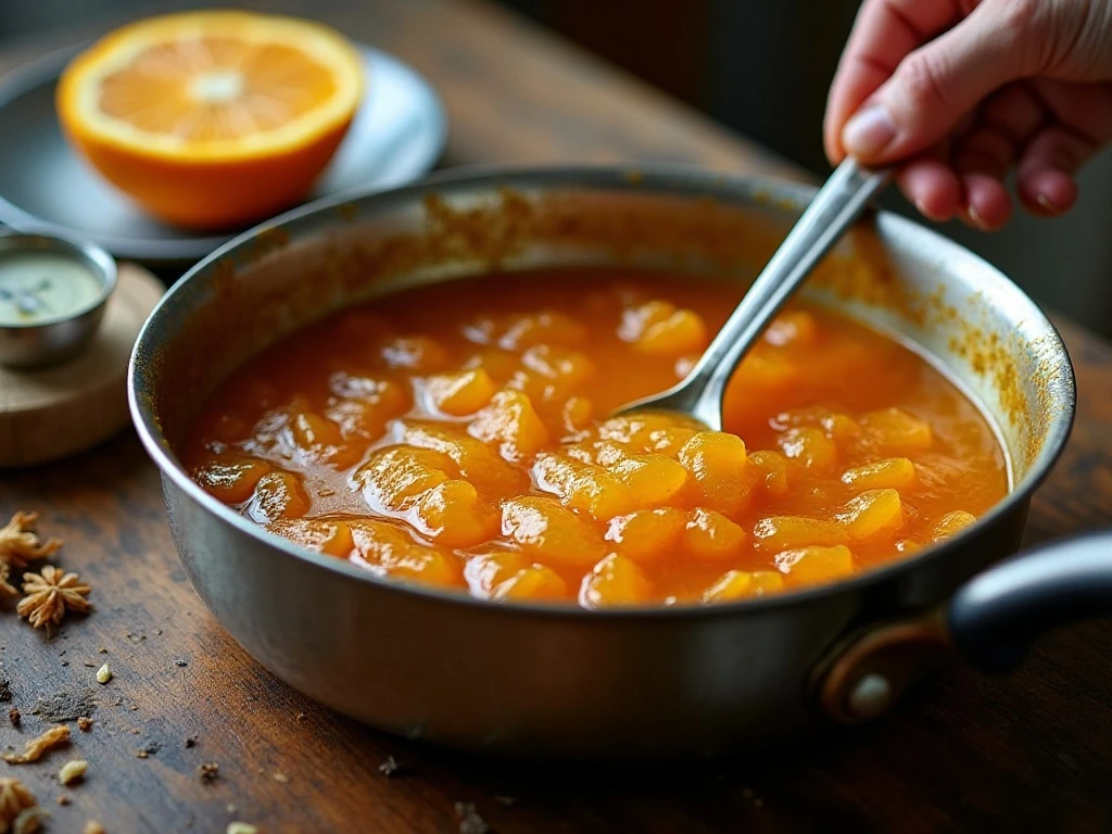 Boiling orange marmalade and testing the setting point
