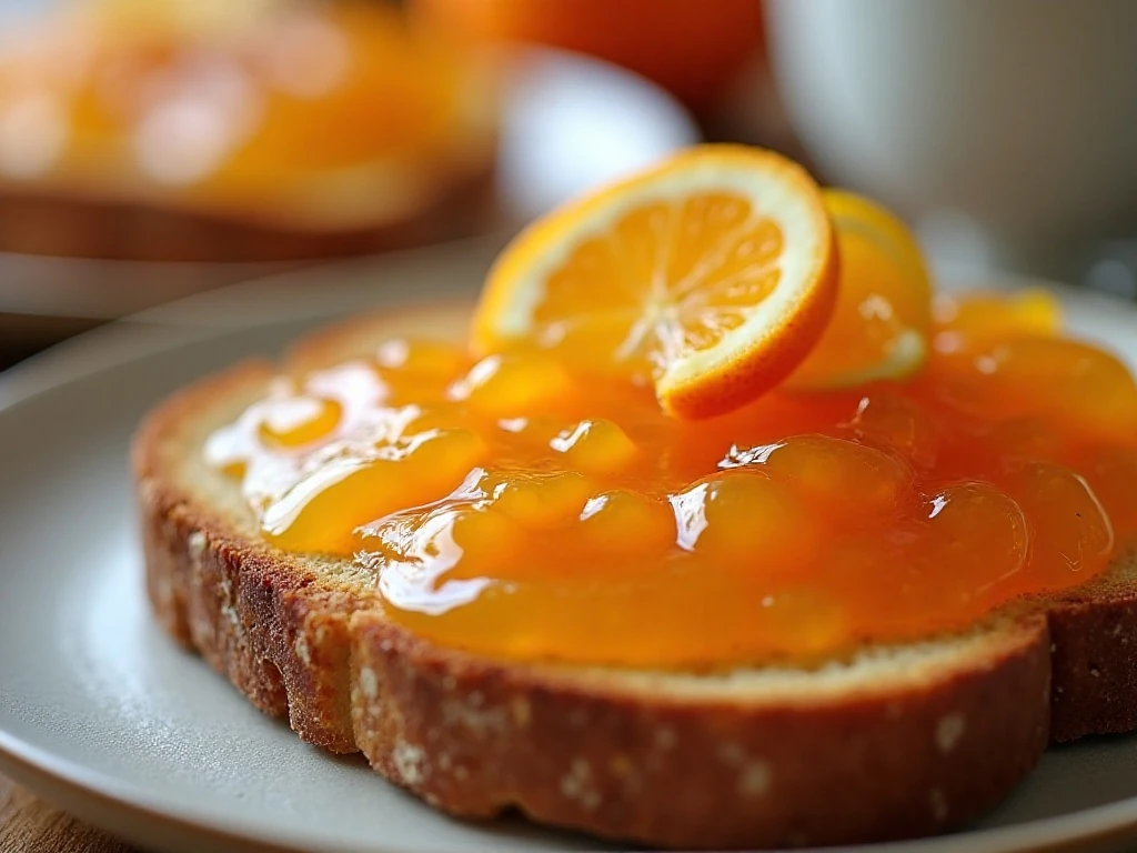Glossy orange marmalade spread on toast