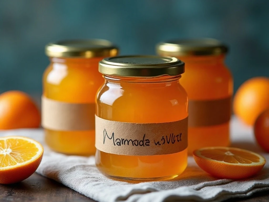 Sealed jars of homemade orange marmalade