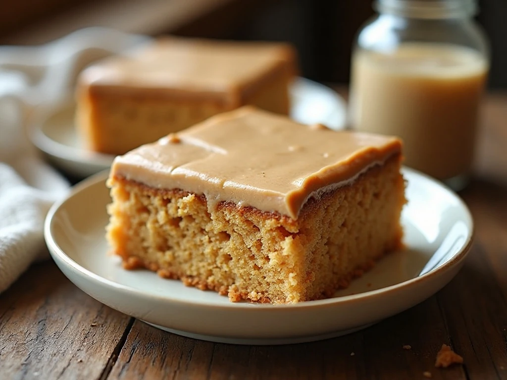 Old-fashioned peanut butter cake squares with warm peanut butter icing
