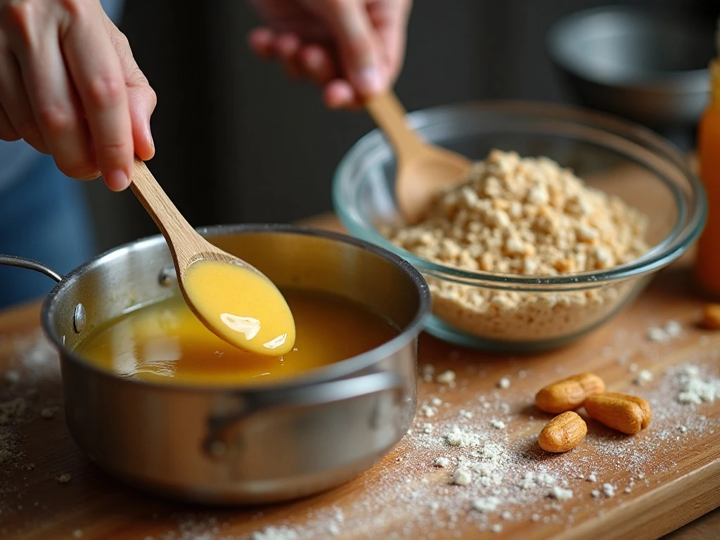 Preparing the warm peanut butter mixture for the cake batter