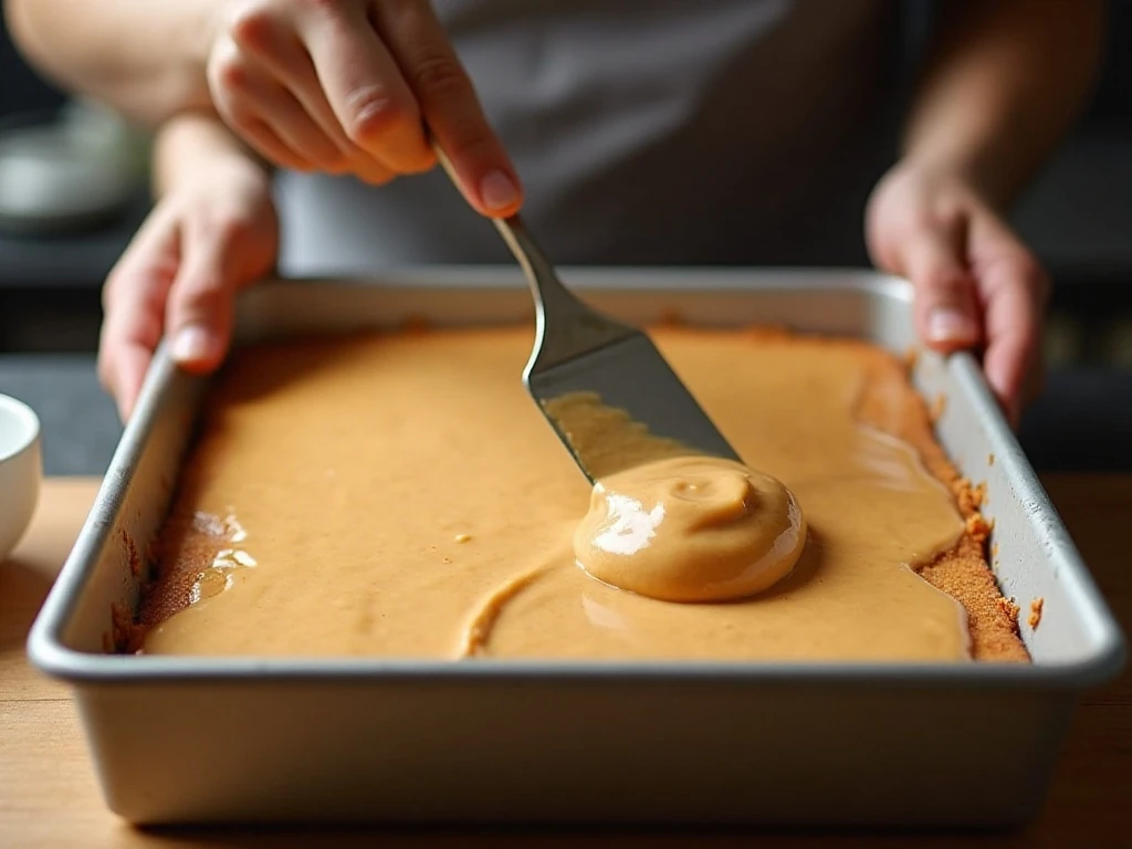 Spreading warm peanut butter icing over freshly baked cake