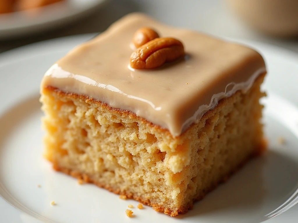 Close-up slice of peanut butter cake topped with chopped peanuts