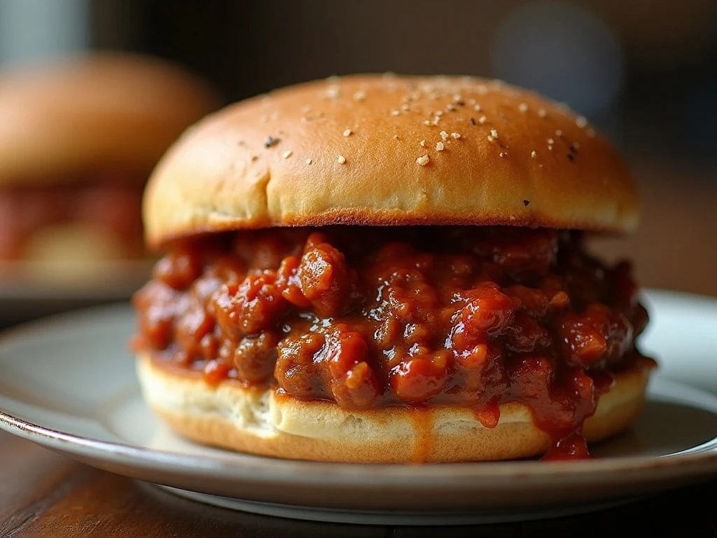 Homemade old-fashioned sloppy joe sandwich with thick saucy beef filling