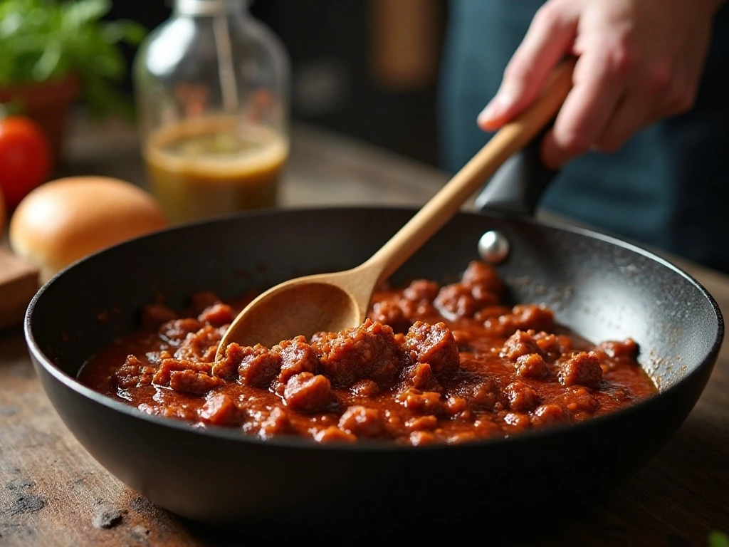 Thick sloppy joe filling simmering in a skillet