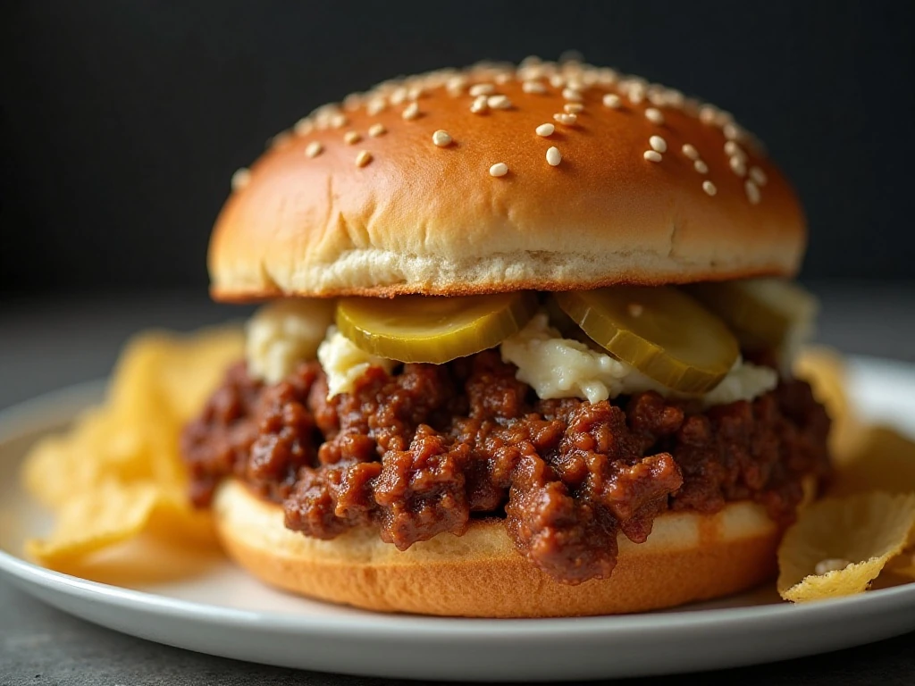 Sloppy joe sandwich served with pickles and coleslaw