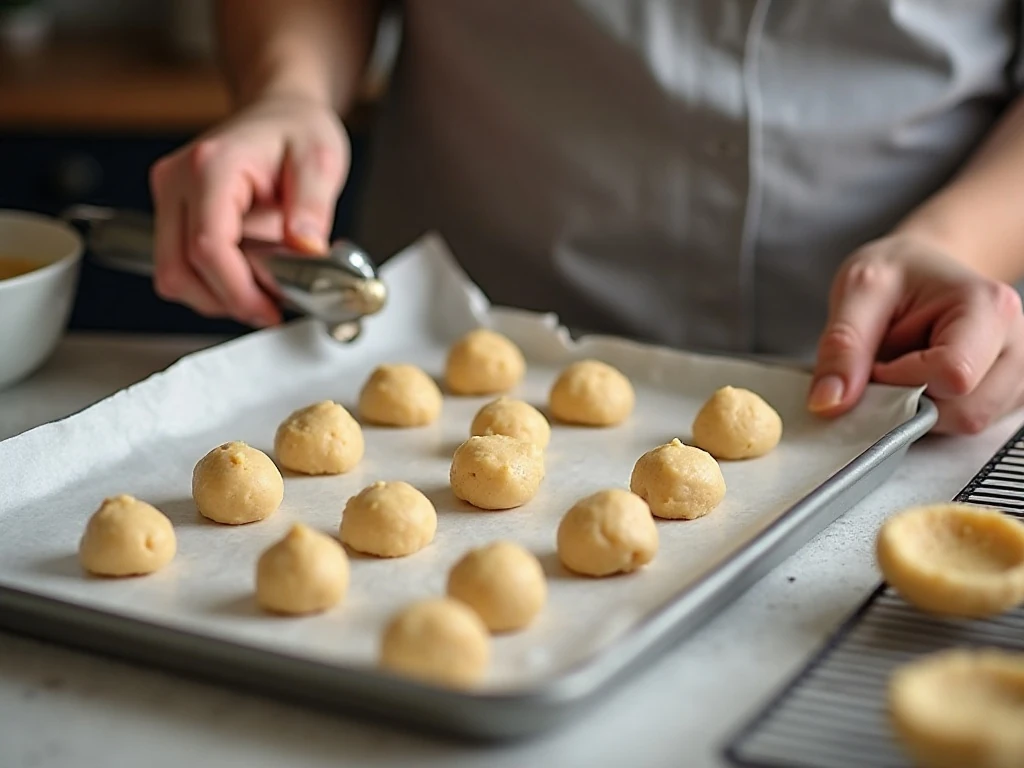 Chilled cookie dough portions on a baking sheet