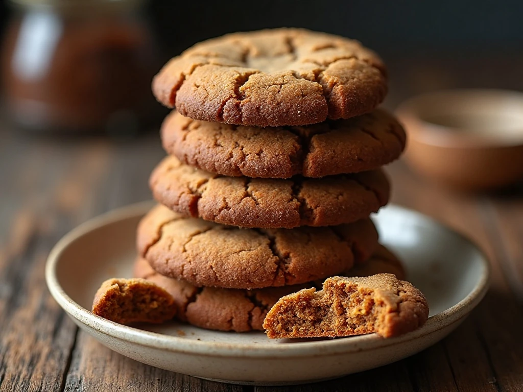 Stack of old-fashioned soft molasses cookies with crackled tops