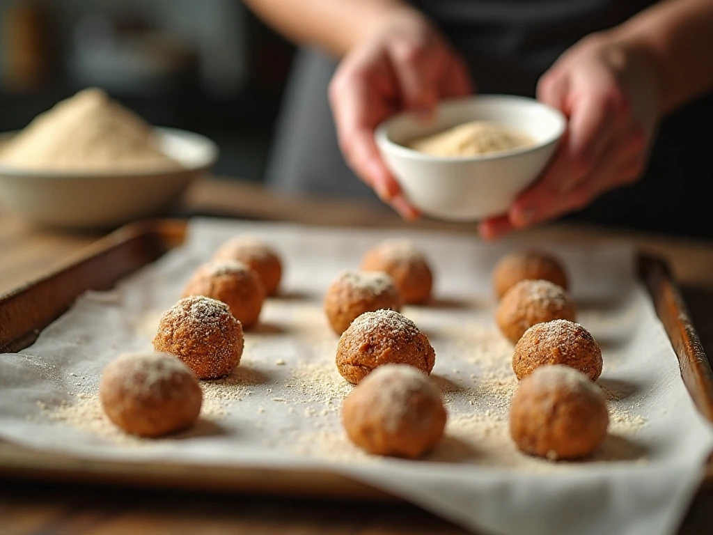 Sugared molasses cookie dough balls on a baking sheet