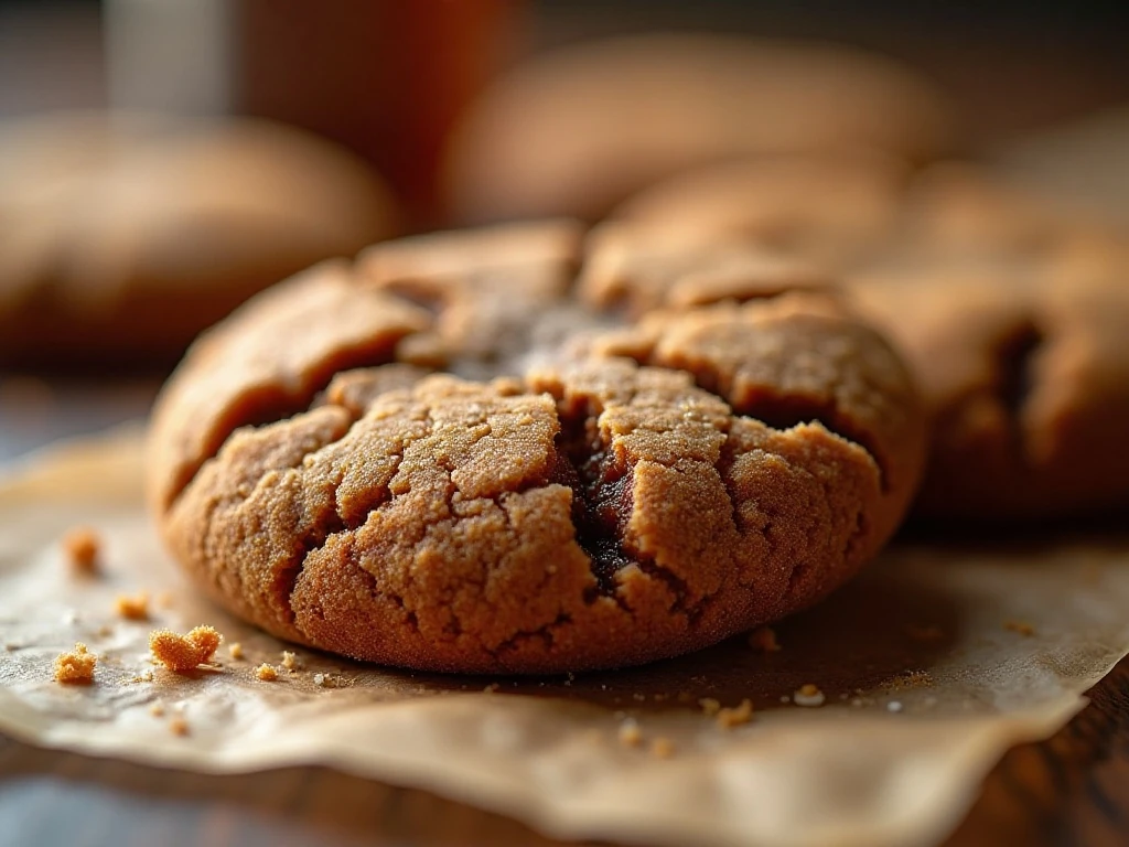 Close-up of a chewy molasses cookie with sugar crust