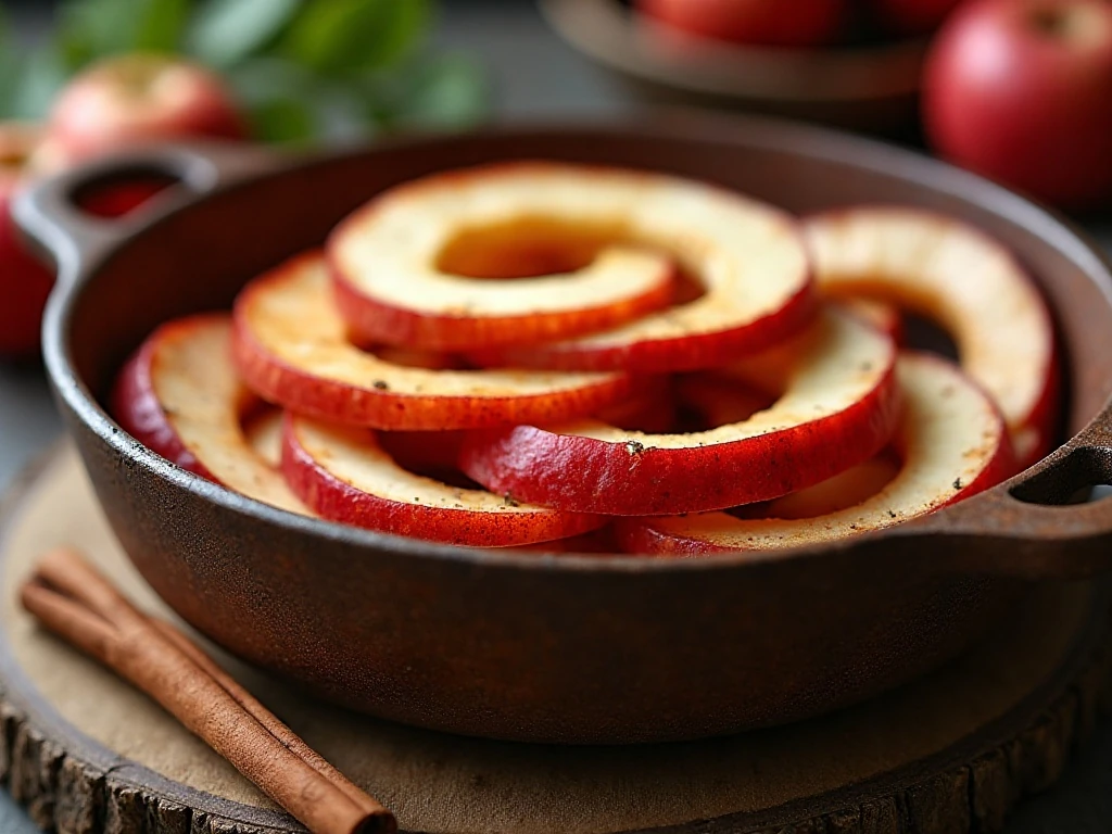 Glossy old-fashioned spiced apple rings arranged in a serving dish