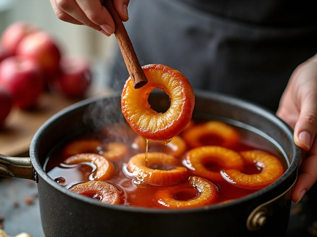 Apple rings simmering gently in red cinnamon syrup