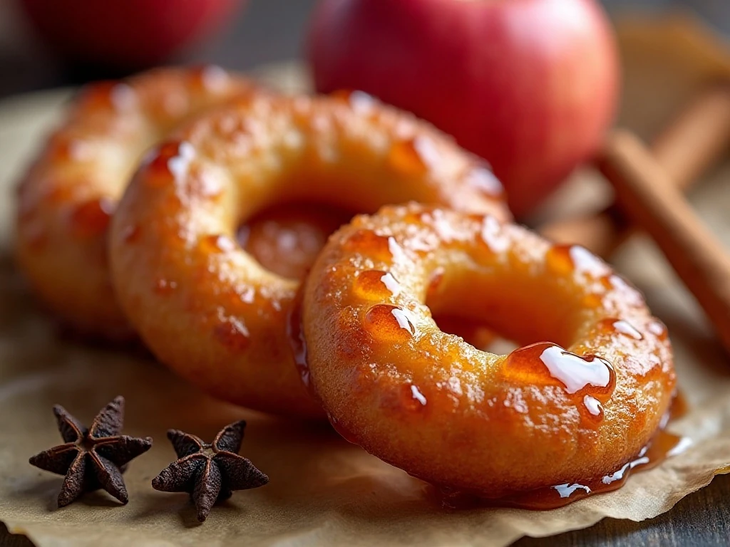 Close-up of firm spiced apple rings with cinnamon and cloves