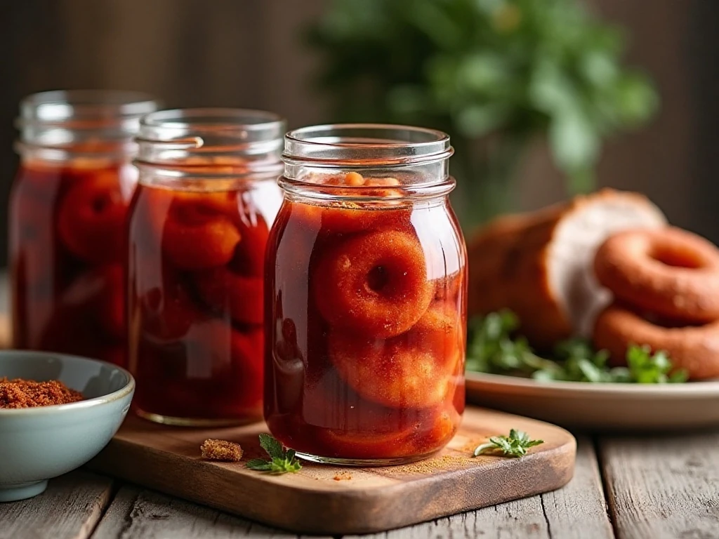 Canned spiced apple rings served beside a savory dinner