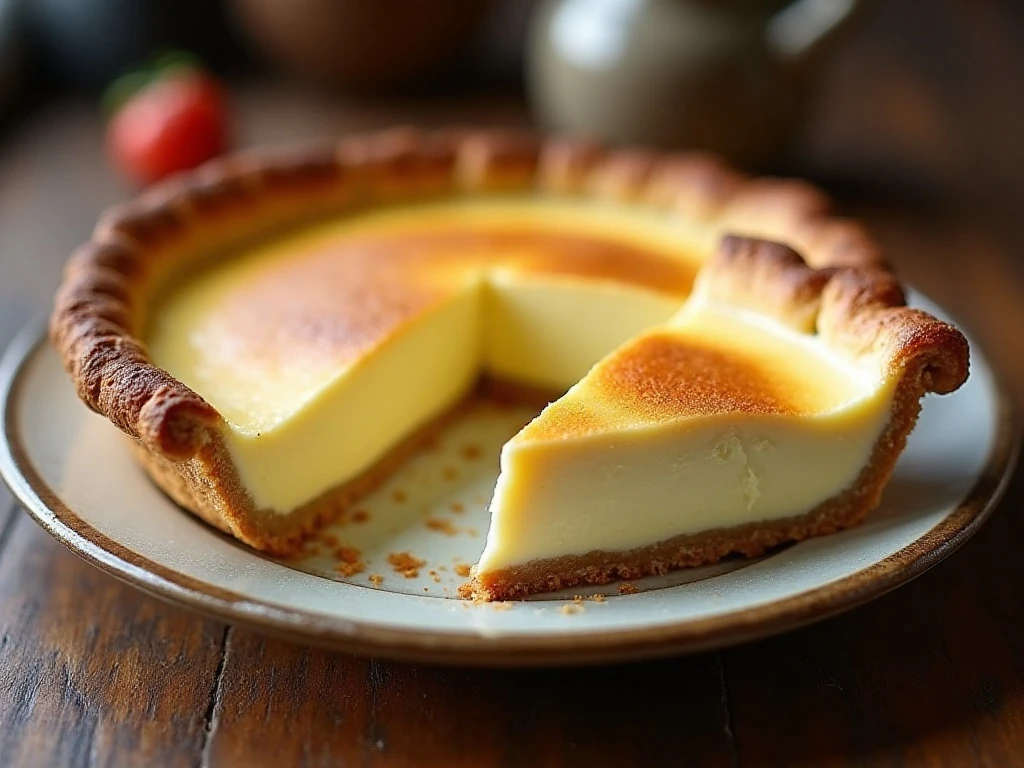 Whole old-fashioned sugar cream pie with one creamy slice served on a vintage pie plate