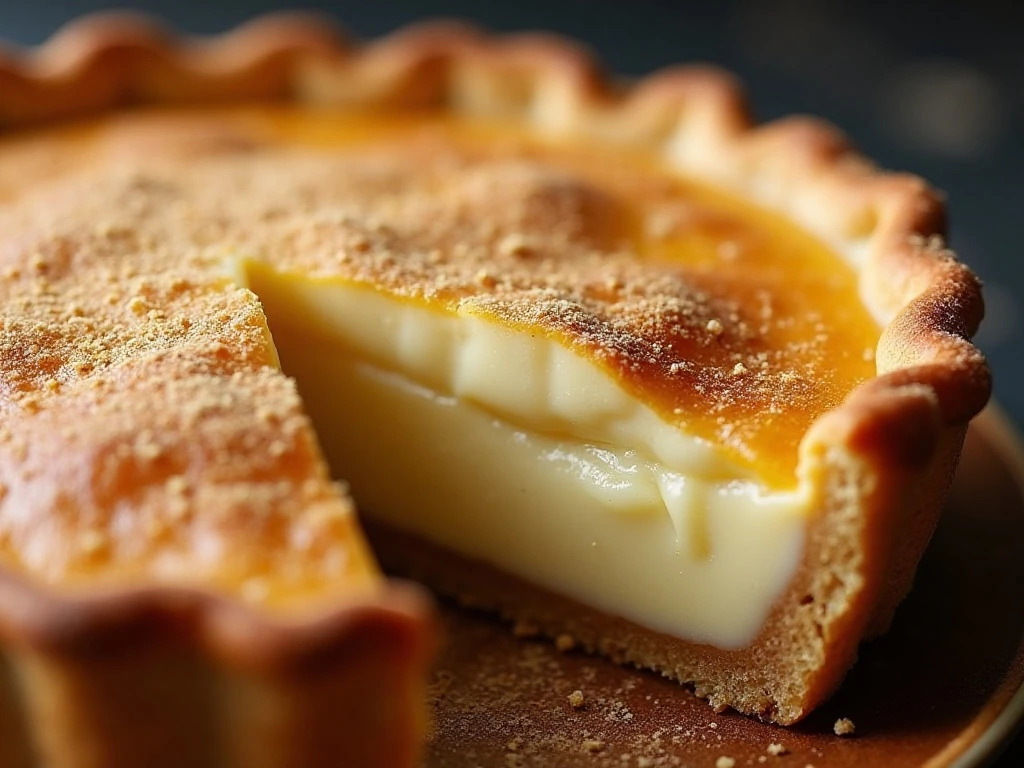 Golden sugar cream pie with a softly set center and nutmeg topping