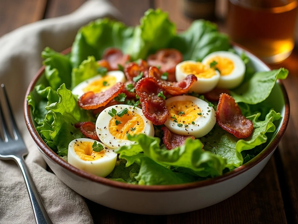 Old-fashioned wilted lettuce salad with bacon and warm vinegar dressing
