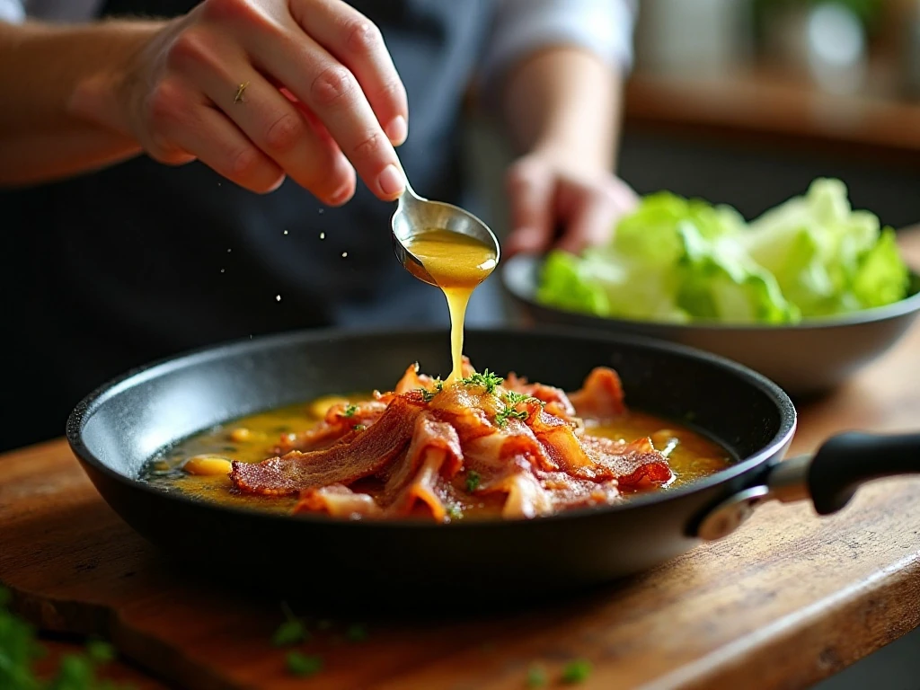Preparing hot bacon vinegar dressing for wilted lettuce salad