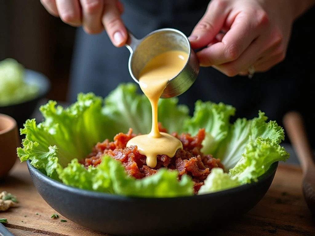 Hot dressing lightly wilting fresh lettuce leaves