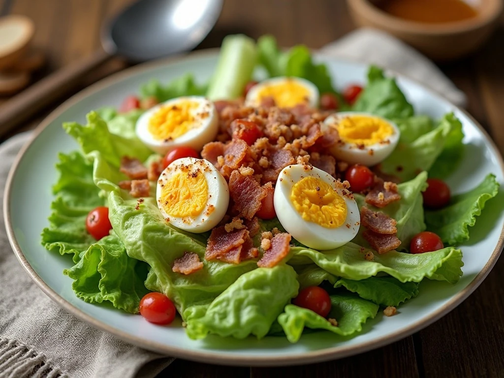 Wilted lettuce salad garnished with bacon and hard-boiled egg