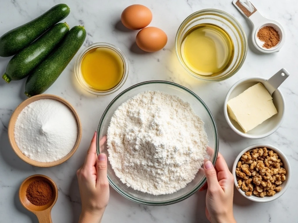 Ingredients for homemade zucchini cake and cream-cheese frosting