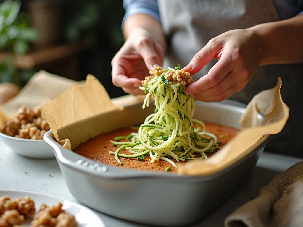 Folding shredded zucchini into cake batter
