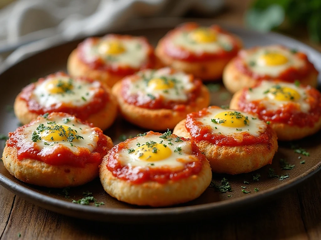 Old-school pizza English muffins arranged on a serving platter