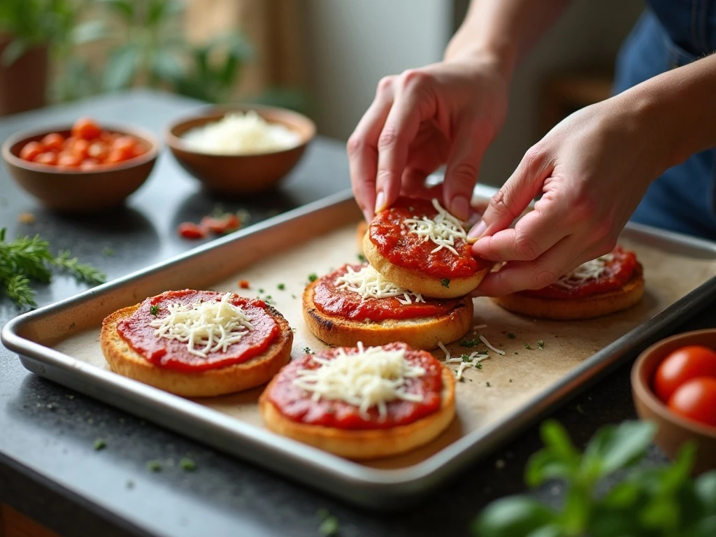 Adding pizza sauce and toppings to toasted English muffin halves