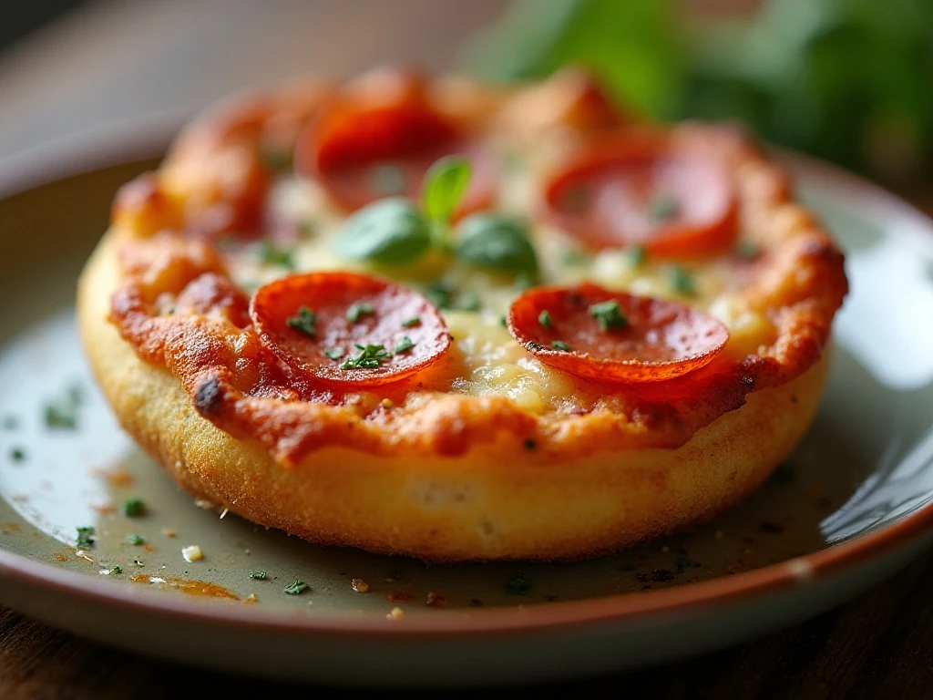 Crisp reheated pizza English muffin with browned cheese