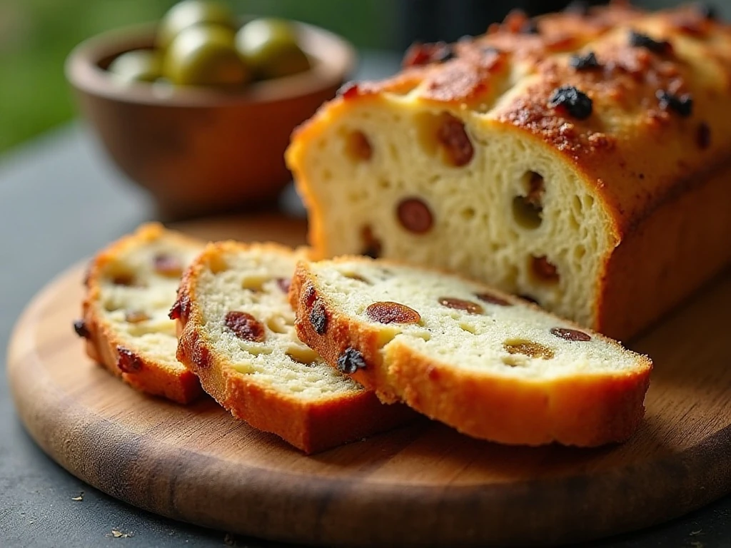Sliced olive, bacon, and cheese bread on a serving board