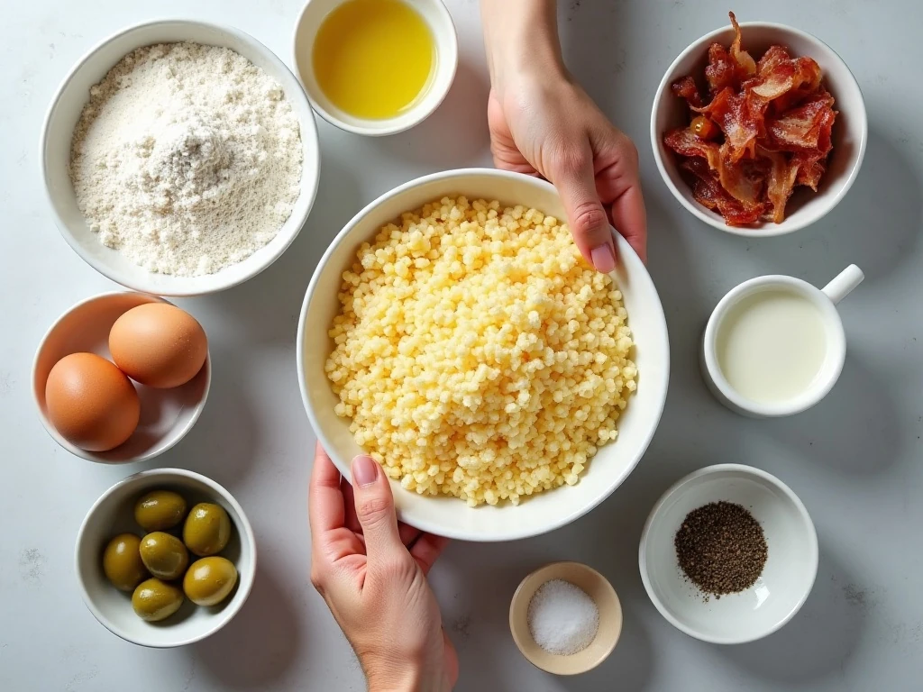Ingredients for olive, bacon, and cheese bread